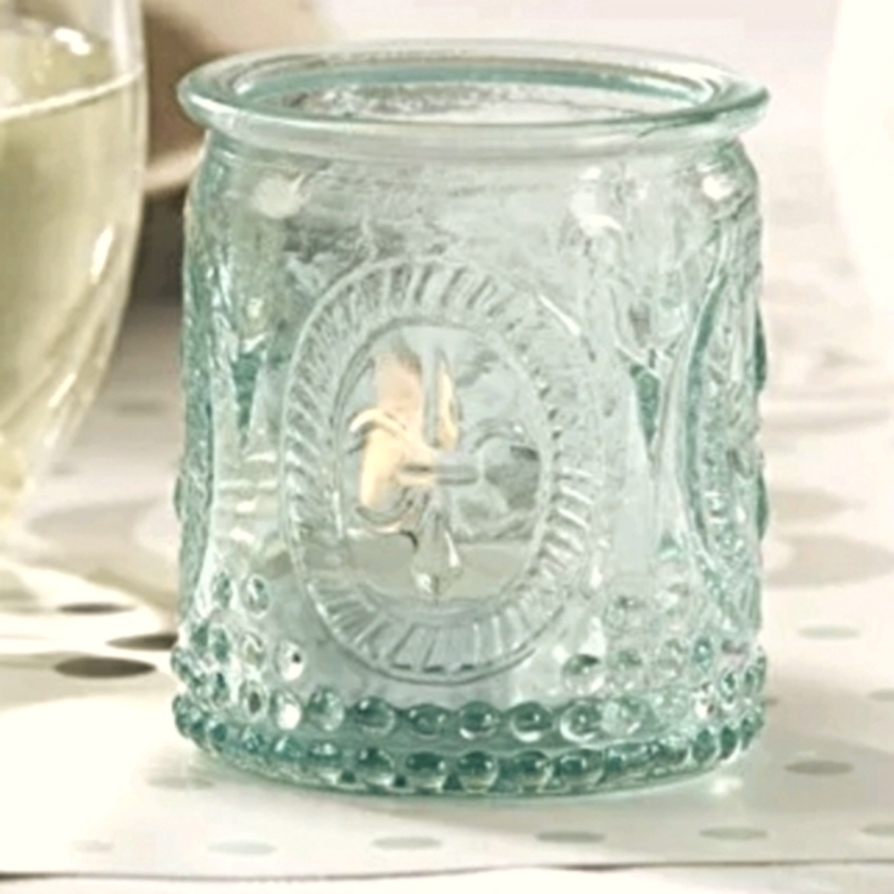 Kate Aspen set of 3 Fleur de Lis blue glass Tealight candle holder